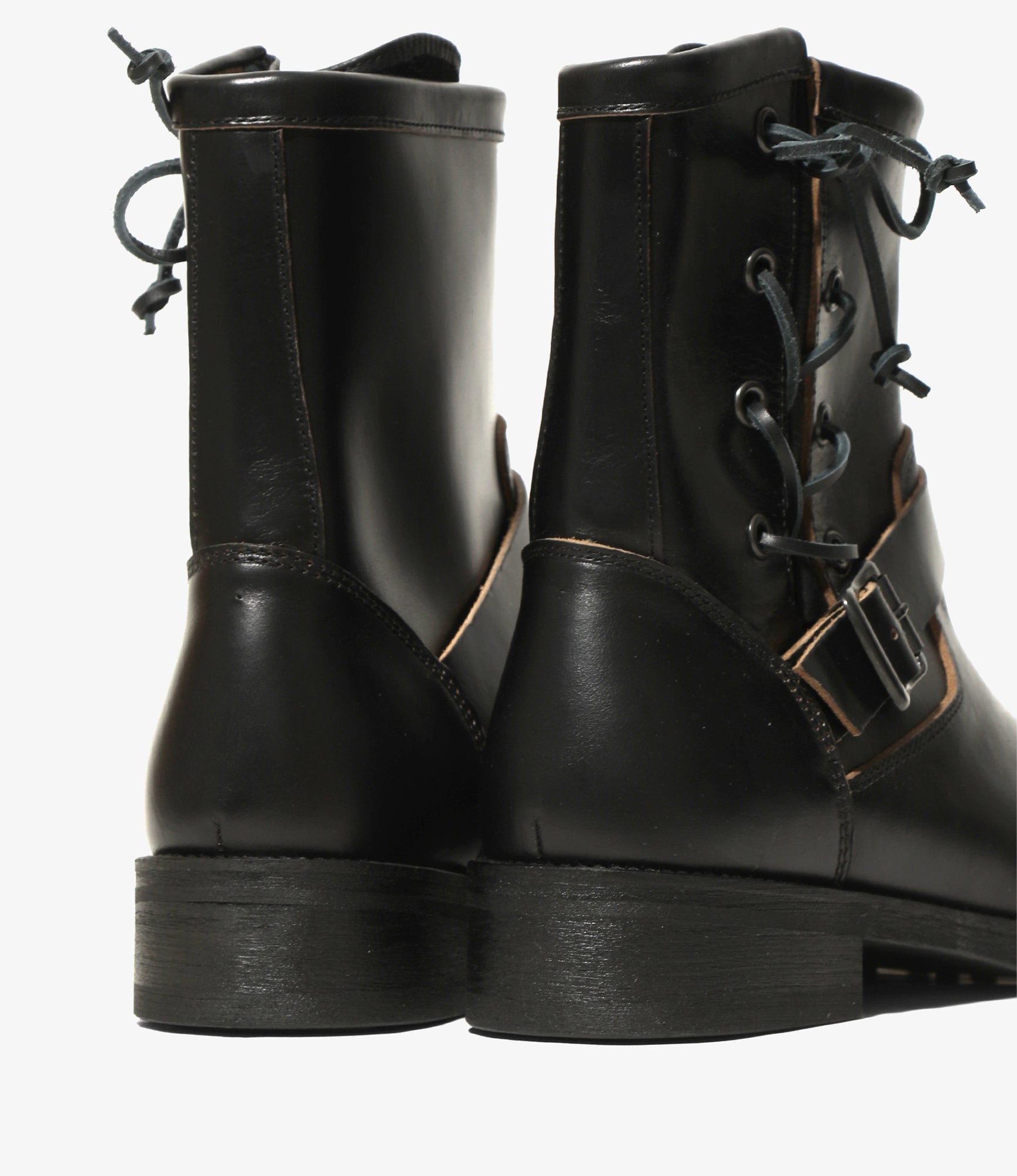 Side Lace Engineer Boots - Black - Cowhide Leather