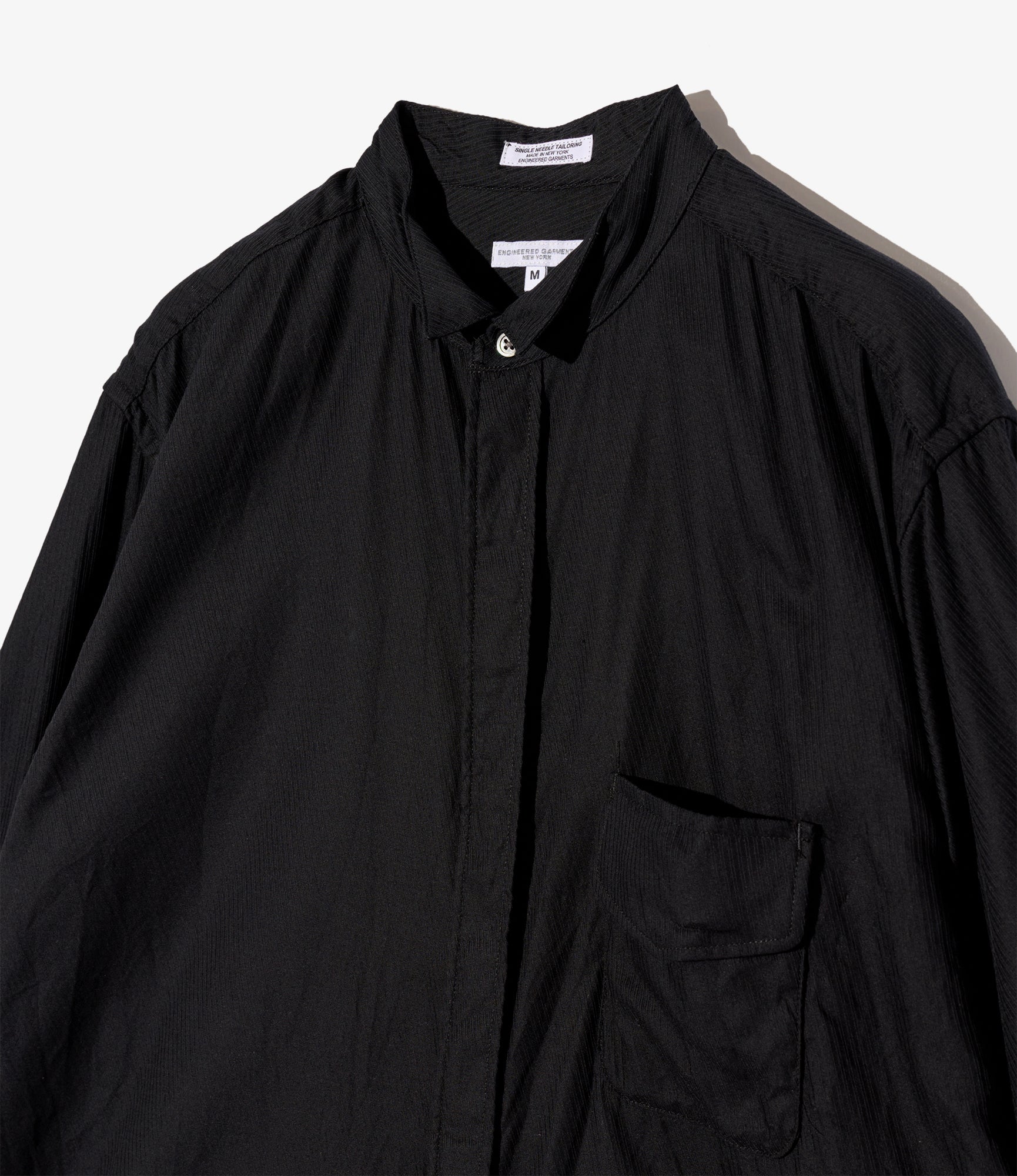 Wing Collar Shirt - Black Cotton Diagonal Dobby Stripe