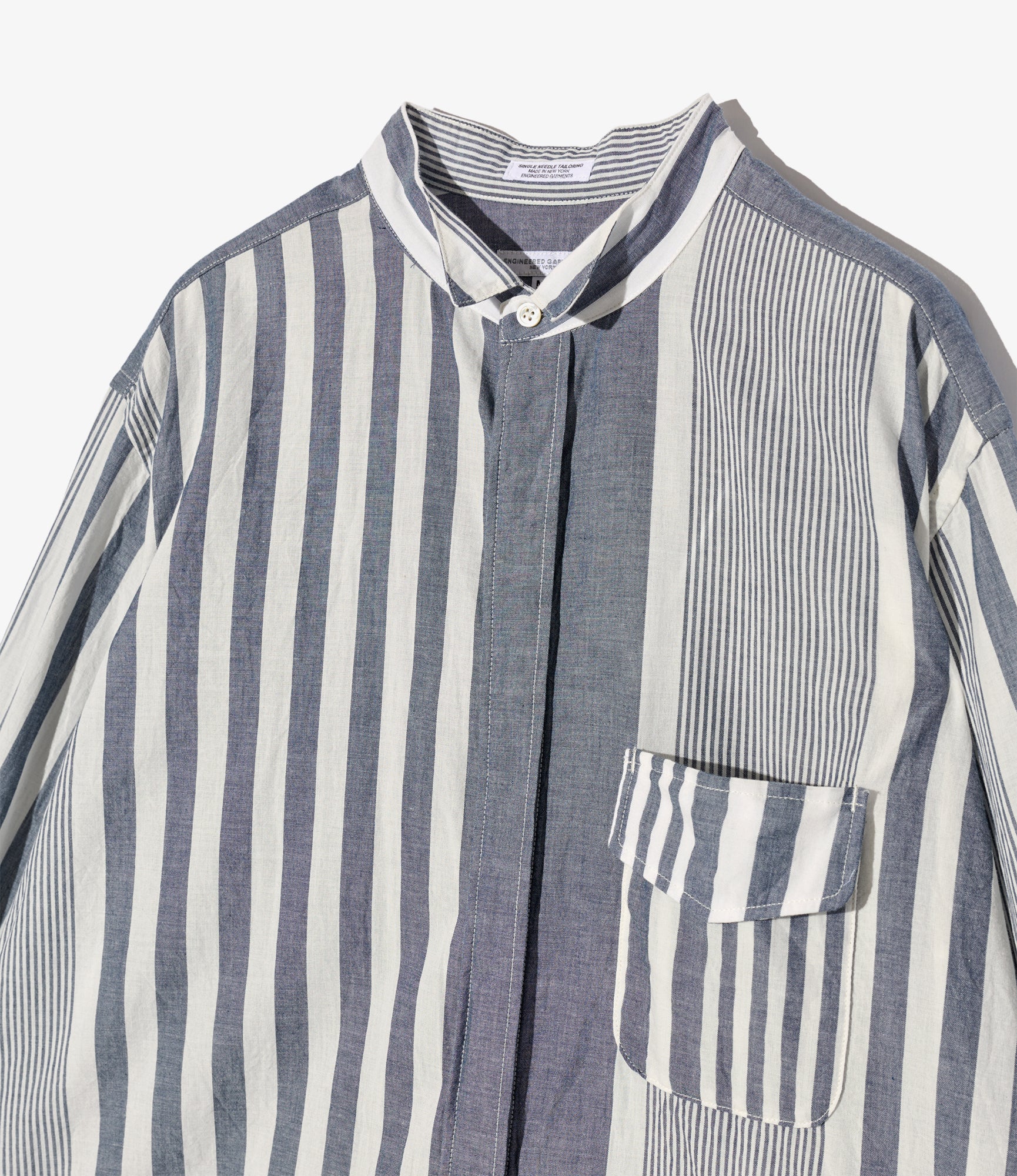 Wing Collar Shirt - Blue/White Stripe Cotton Chambray