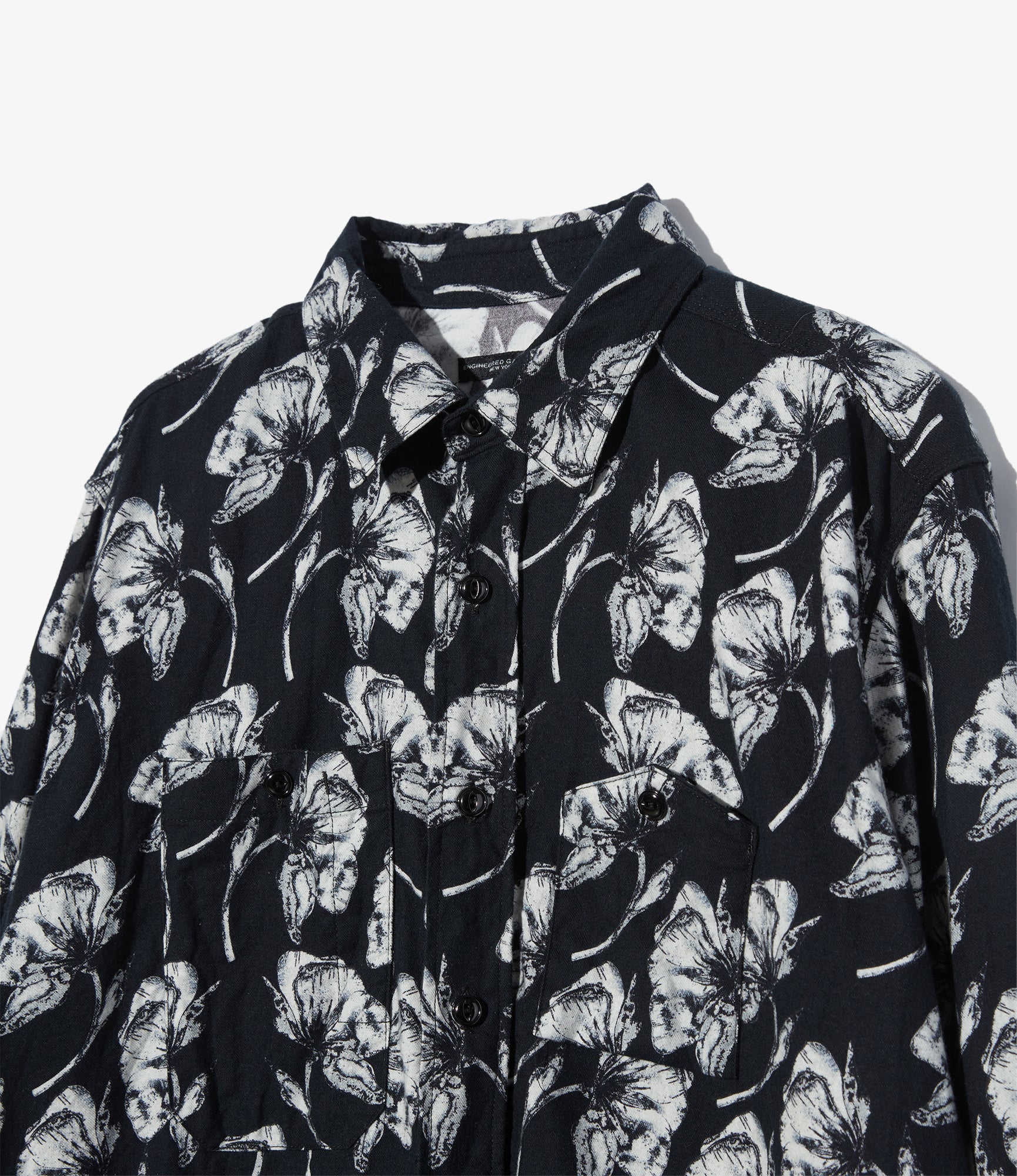 Work Shirt - Black/White Cotton Brushed Floral Print