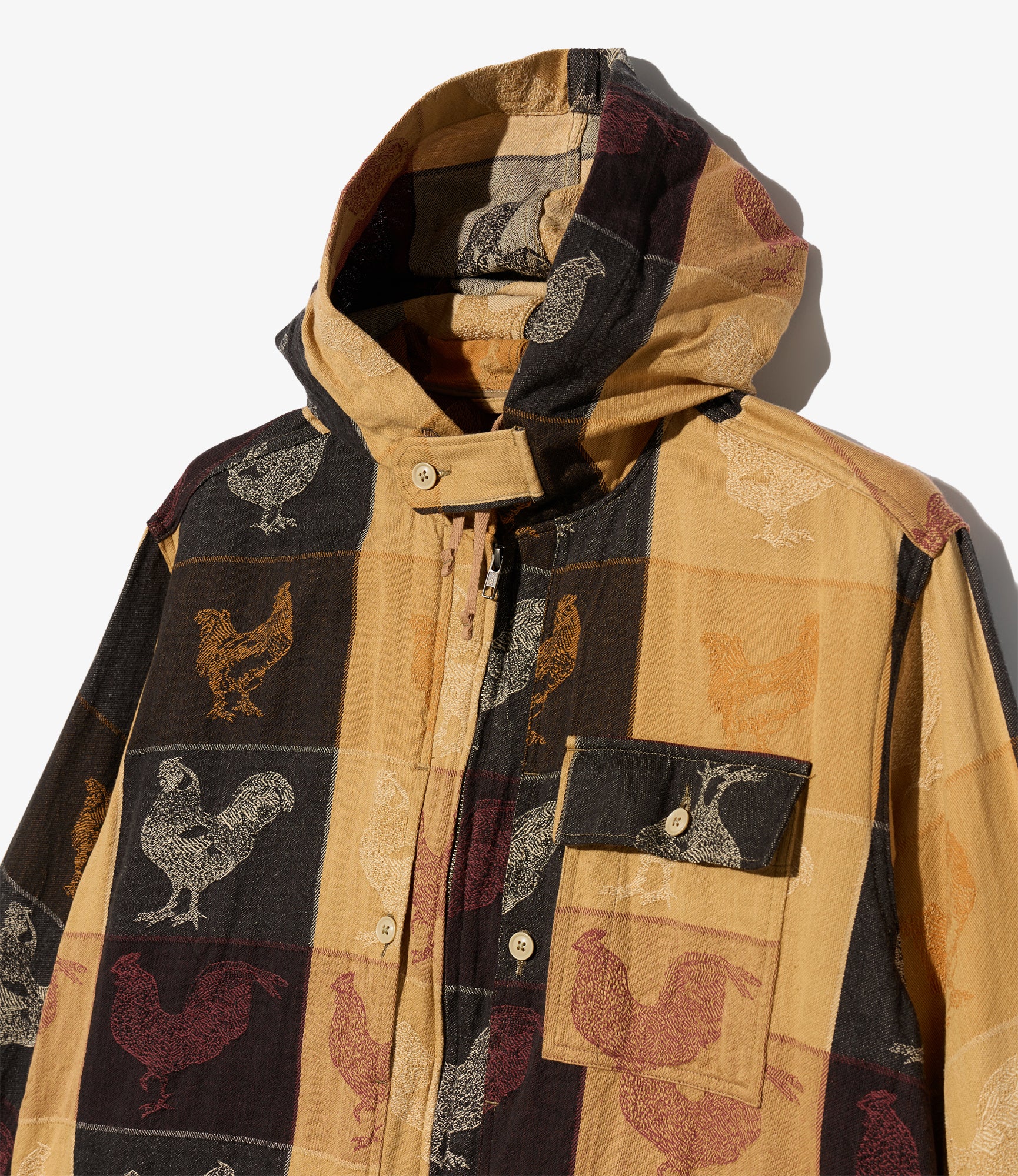 Zip Hooded Shirt - Khaki Cotton Bird Block Jq.