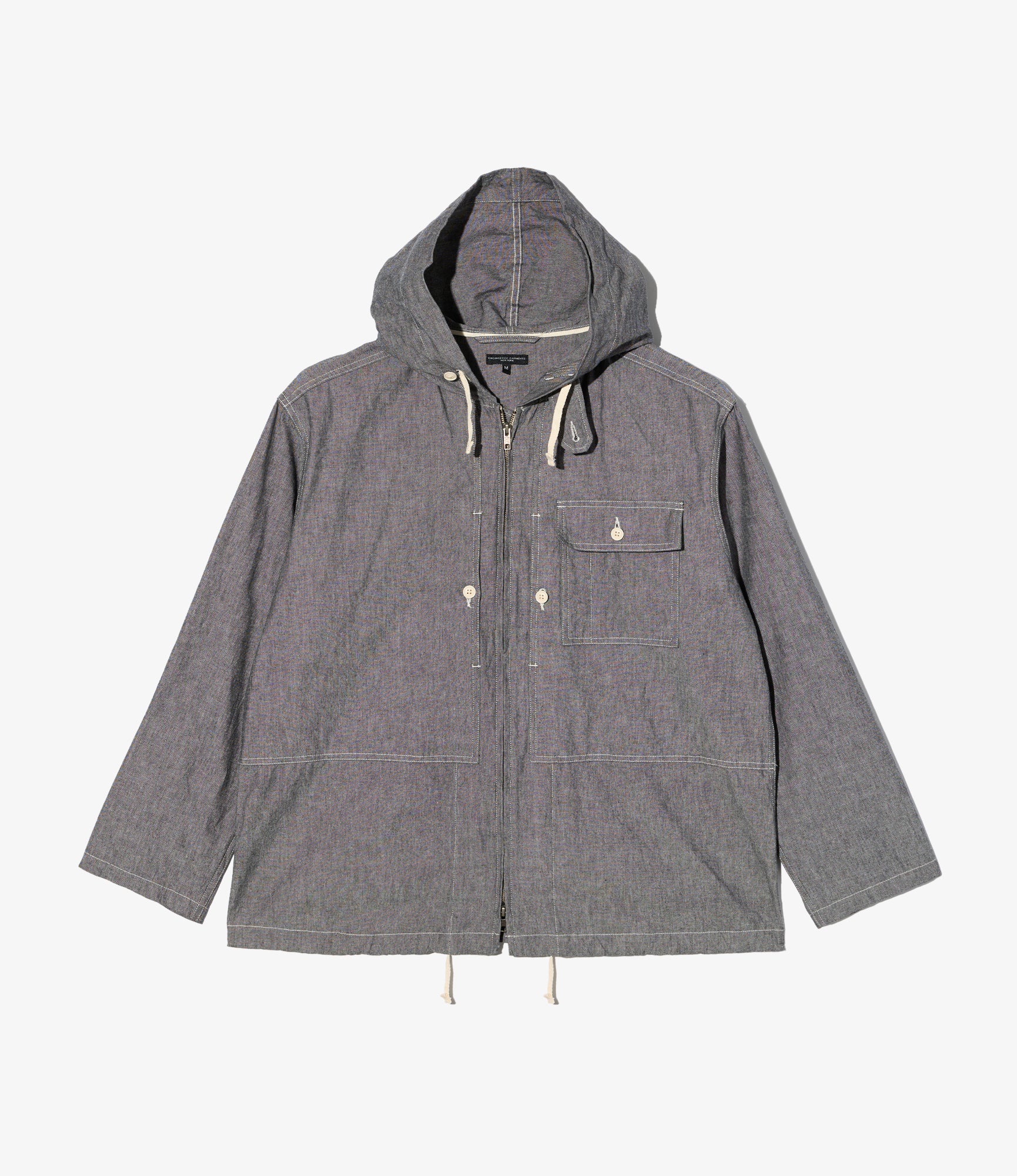 Zip Hooded Shirt - Grey Cotton Chambray