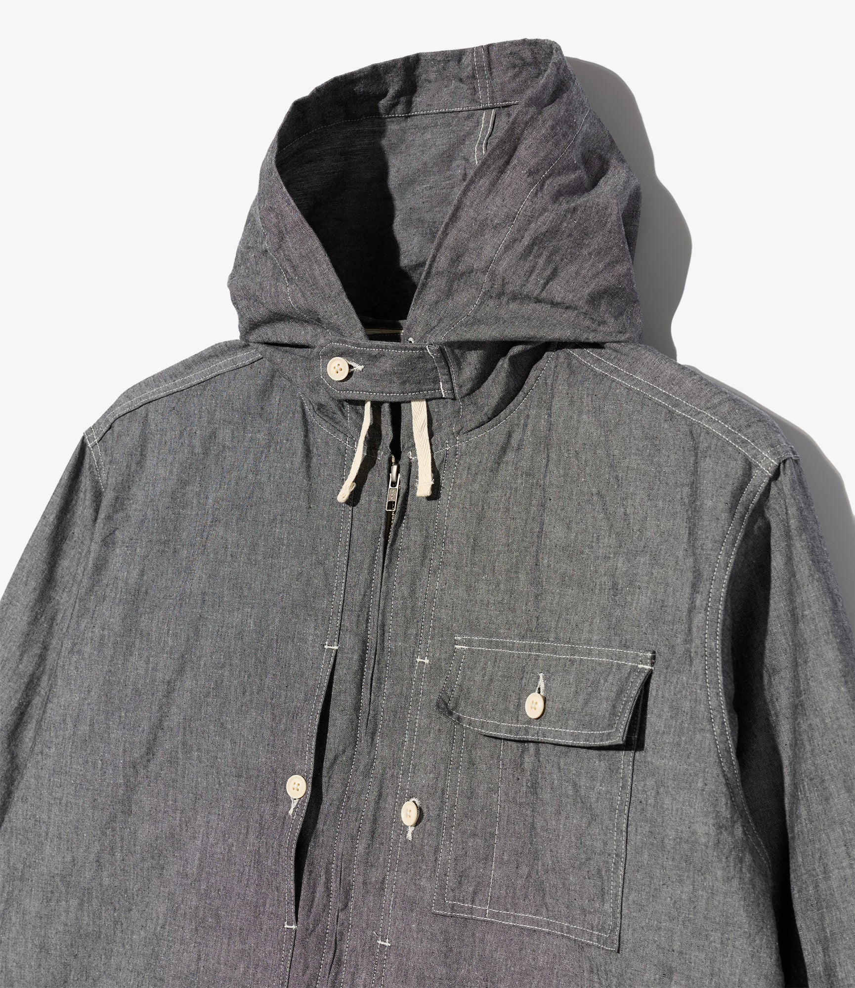 Zip Hooded Shirt - Grey Cotton Chambray