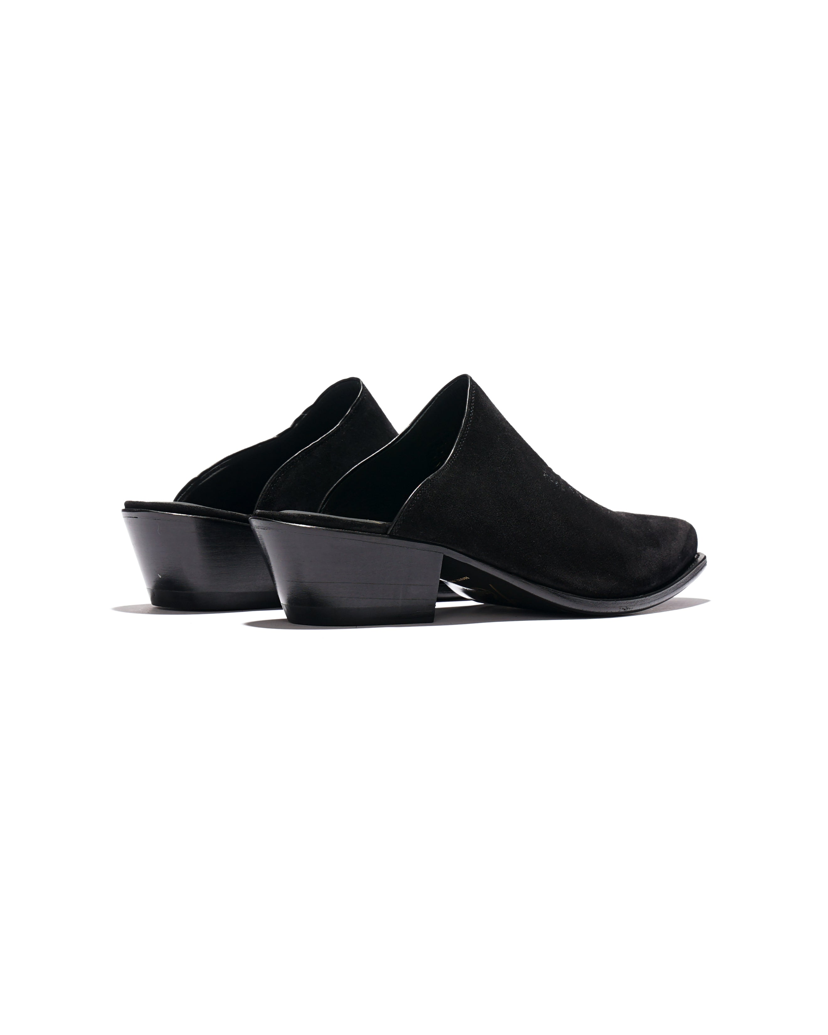 Heeled Papillon Stitched Mule - Black Suede