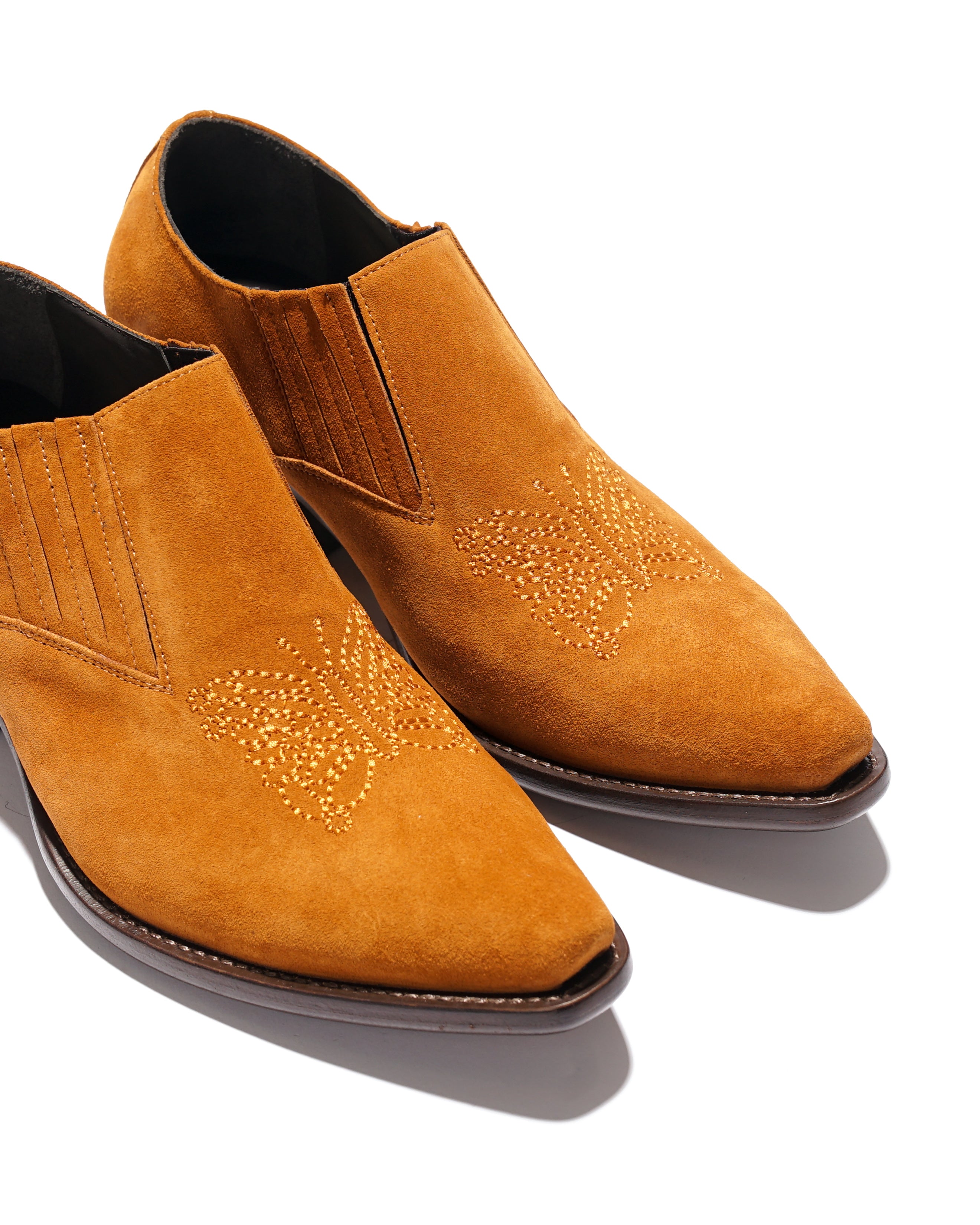 Heeled Papillon Stitched Cowboy Shoe - Brown Suede