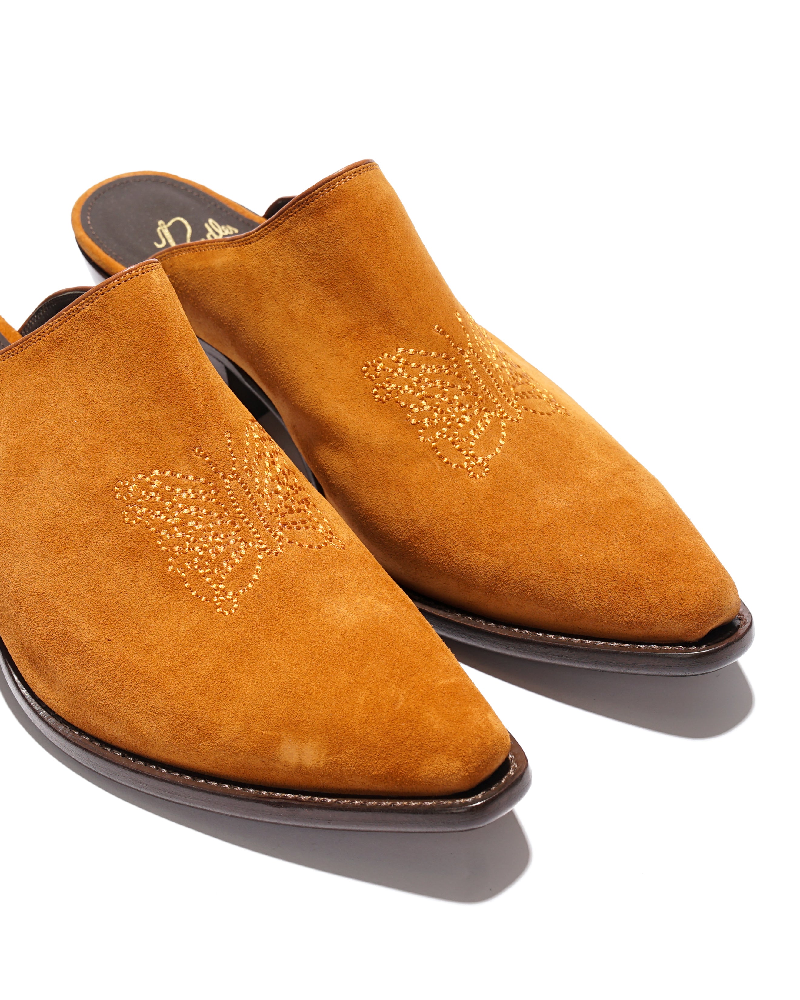 Heeled Papillon Stitched Mule - Brown Suede