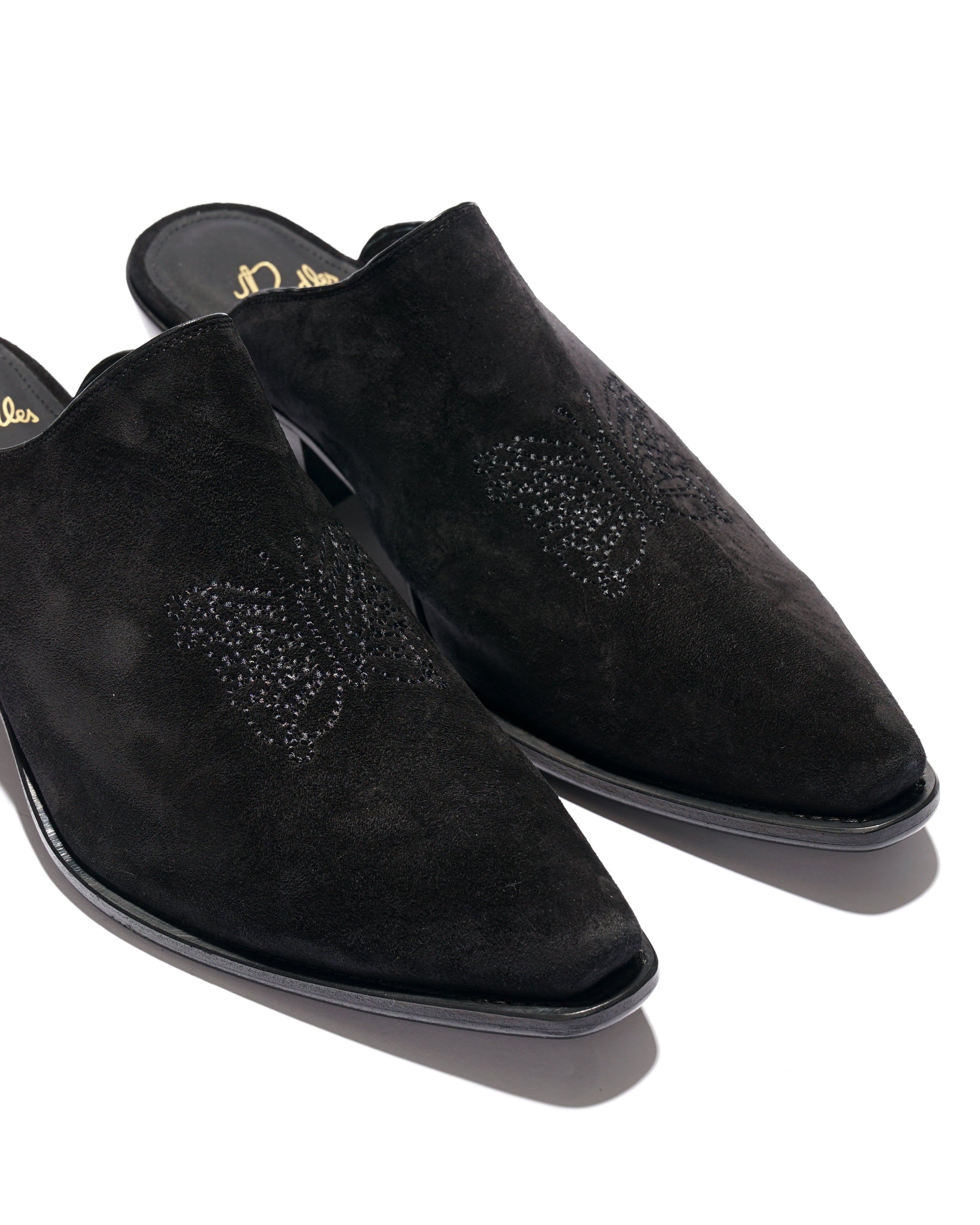 Heeled Papillon Stitched Mule - Black Suede