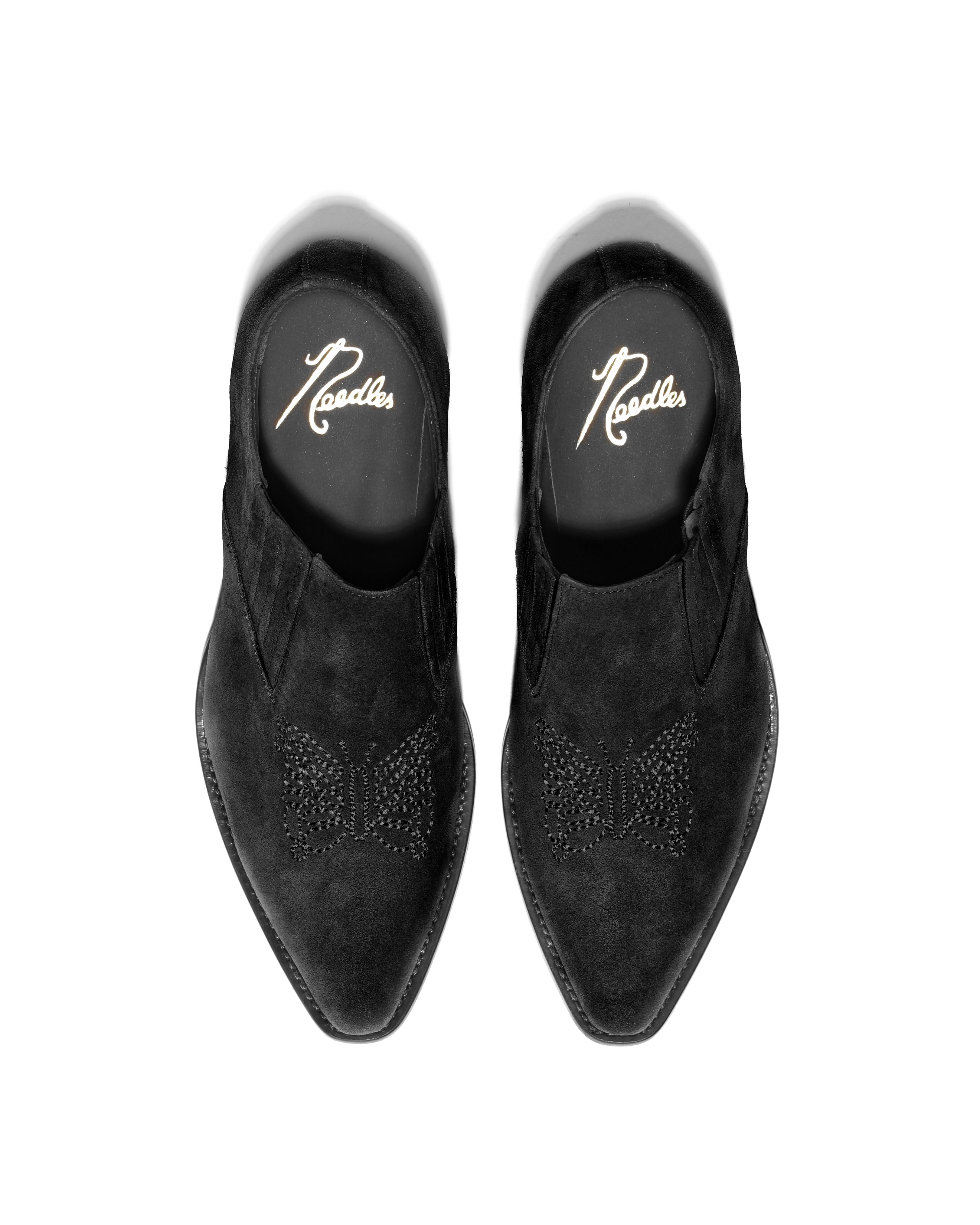 Heeled Papillon Stitched Cowboy Shoe - Black Suede