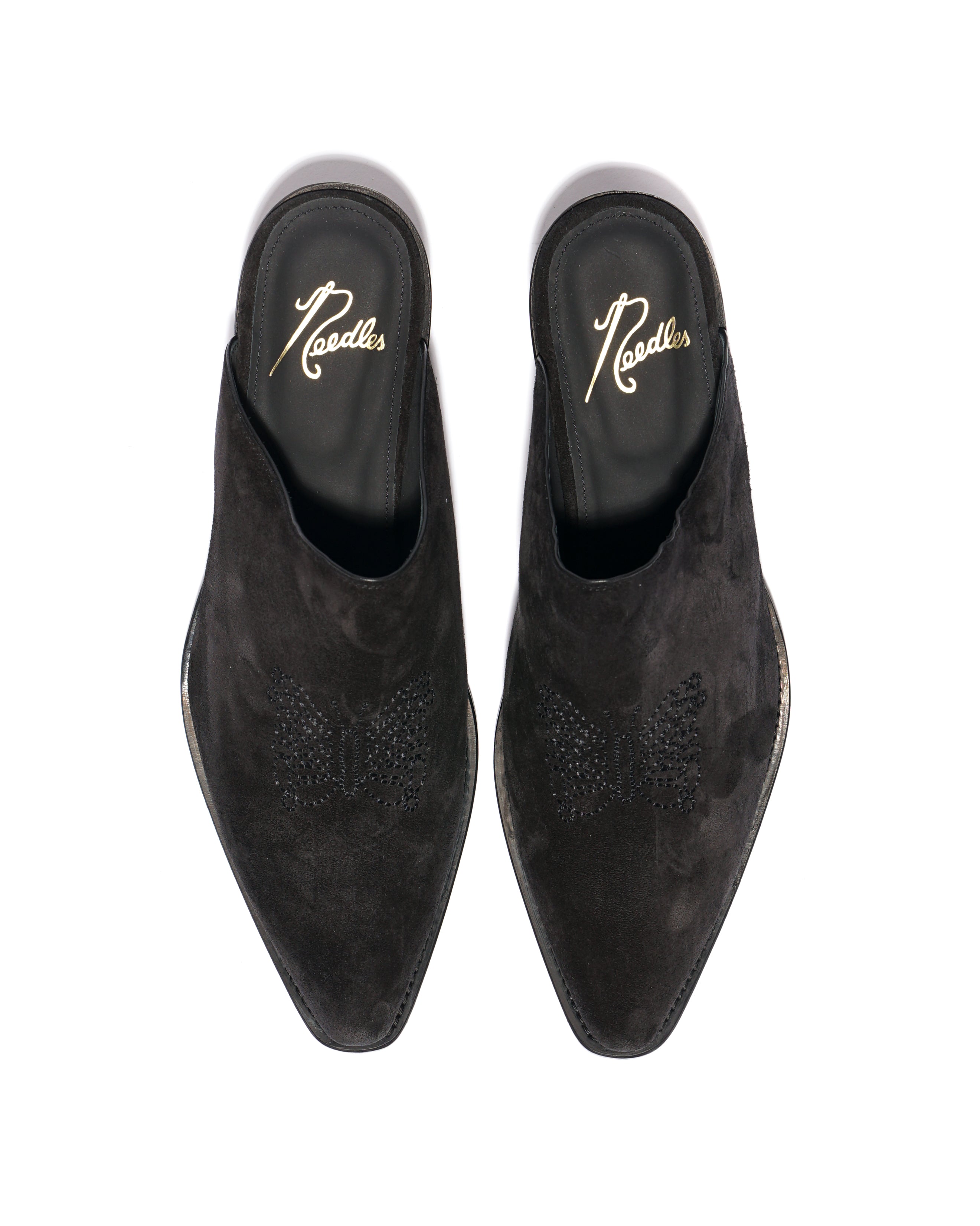 Heeled Papillon Stitched Mule - Black Suede